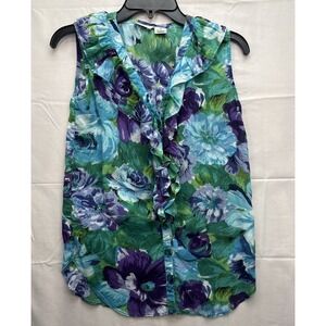 Vtg Sleeveless Top Floral Y2K 90s Ruffle Button Down Semi Sheer Shirt S